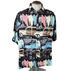 Vintage Kahala Hawaiin Islands Shirt Woodie Surf Boards Black Pastel Size XL